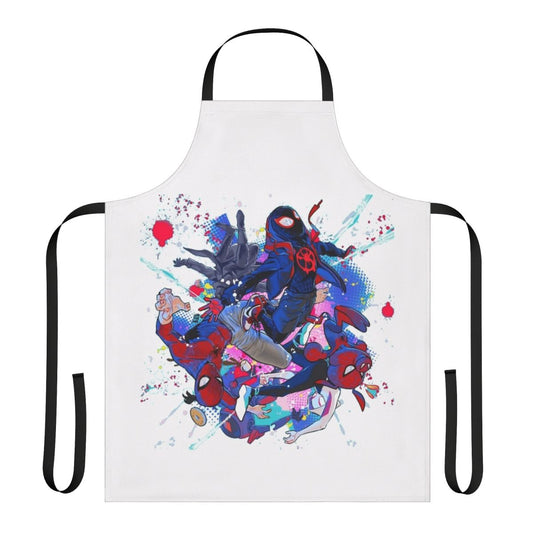 Spider Verse-themed apron featuring web designs and spider motifs