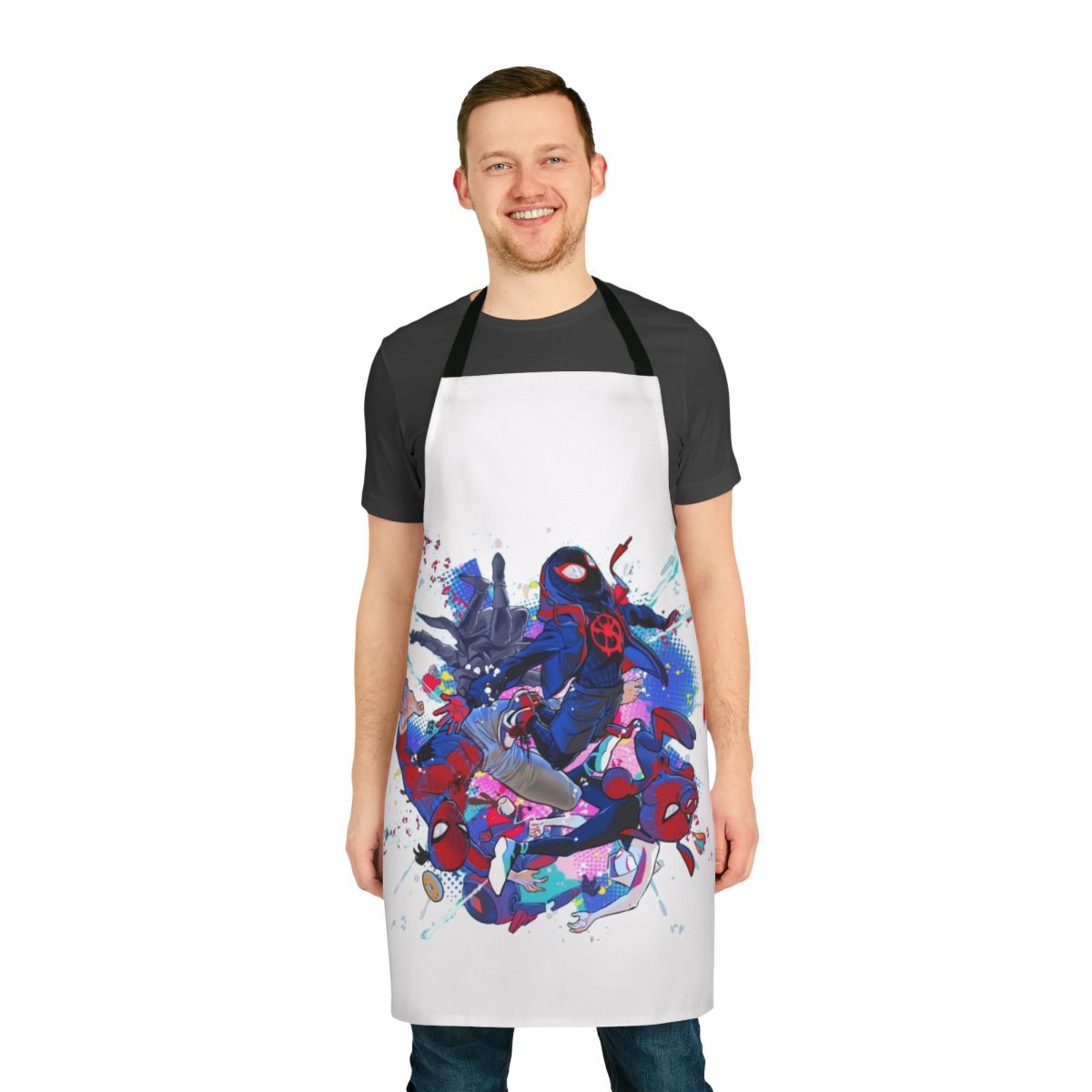 Spider Verse-themed apron featuring web designs and spider motifs