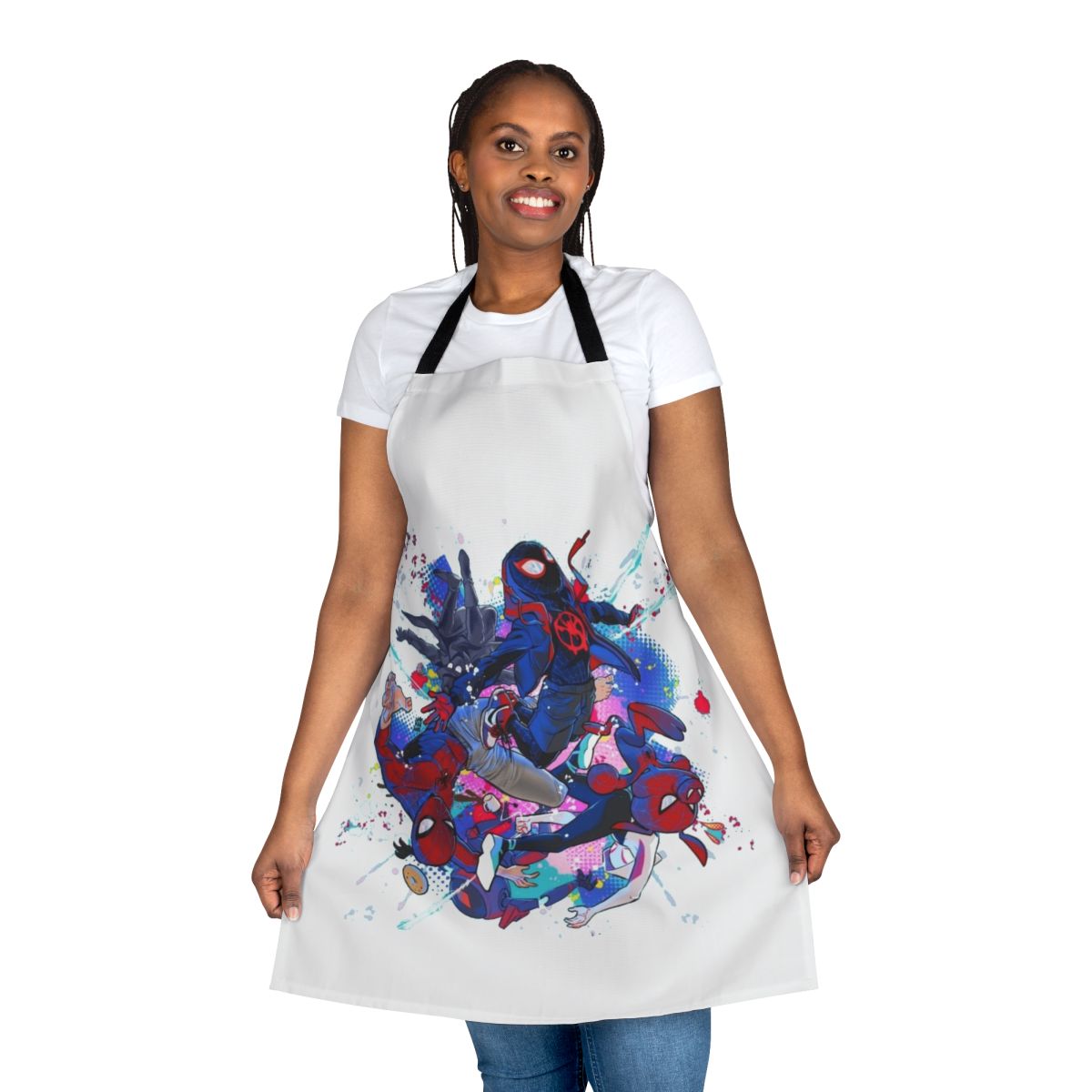 Spider Verse-themed apron featuring web designs and spider motifs
