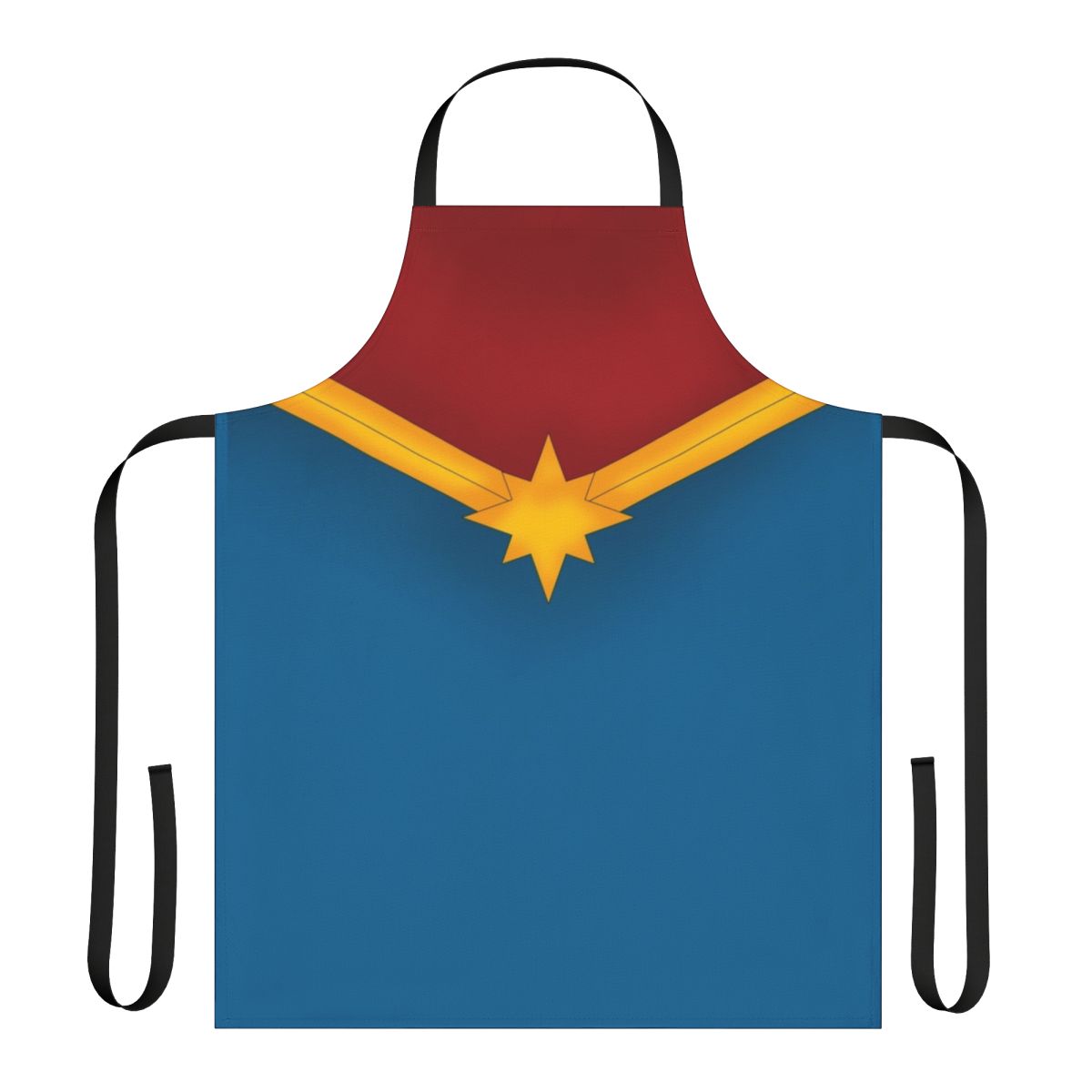 Superhero-inspired star apron in shades of blue, red, and gold
