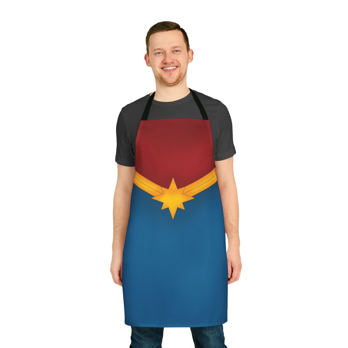 Superhero-inspired star apron in shades of blue, red, and gold