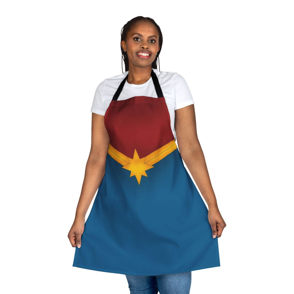 Superhero-inspired star apron in shades of blue, red, and gold