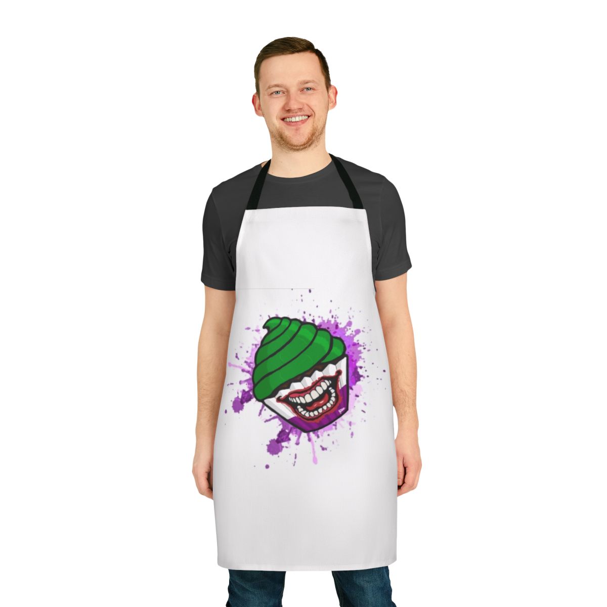 Villain-themed cupcake baking apron with a fun, kawaii superhero design