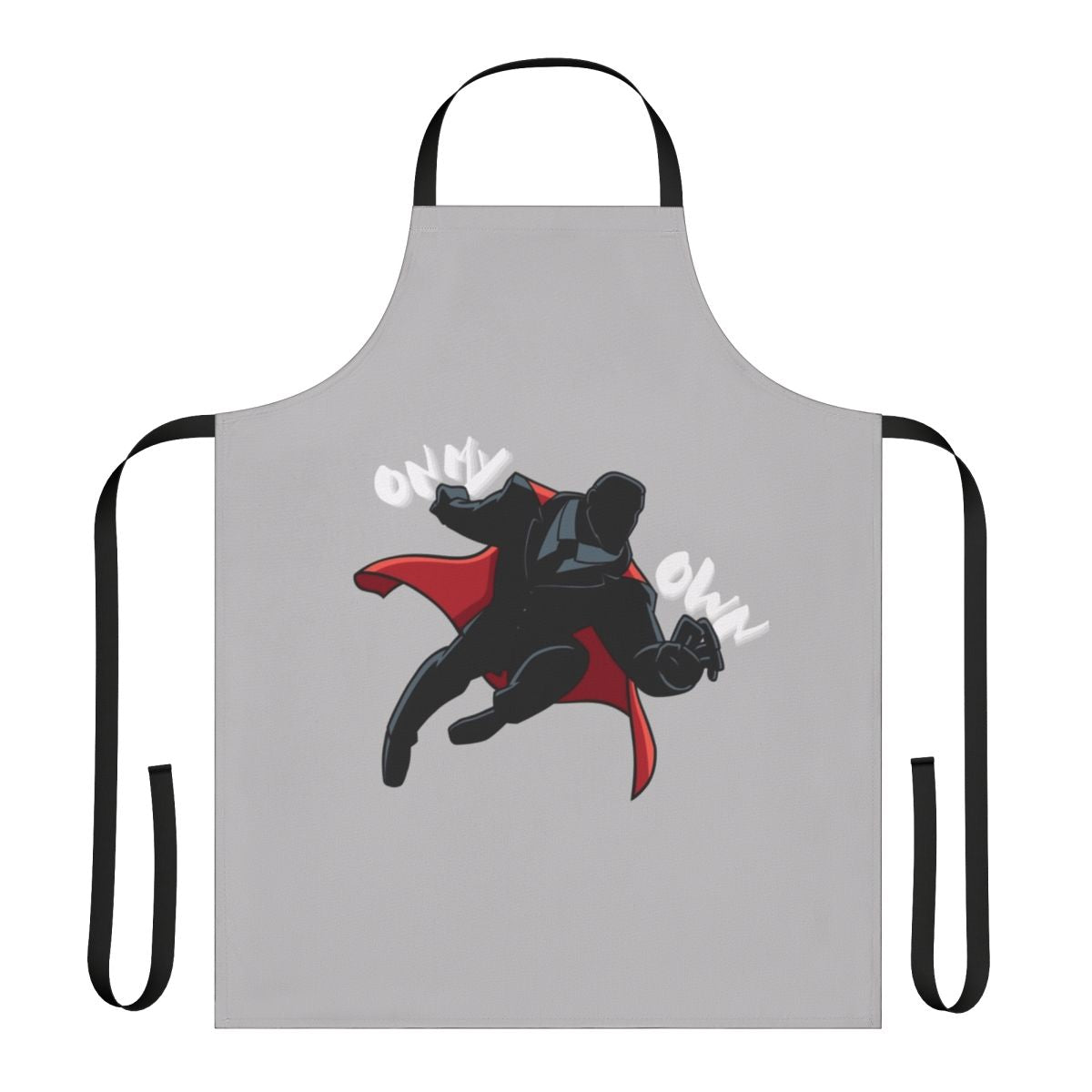 A black and red apron with a superhero-inspired graphic, representing the Y2K era's bold fashion.