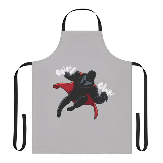 A black and red apron with a superhero-inspired graphic, representing the Y2K era's bold fashion.