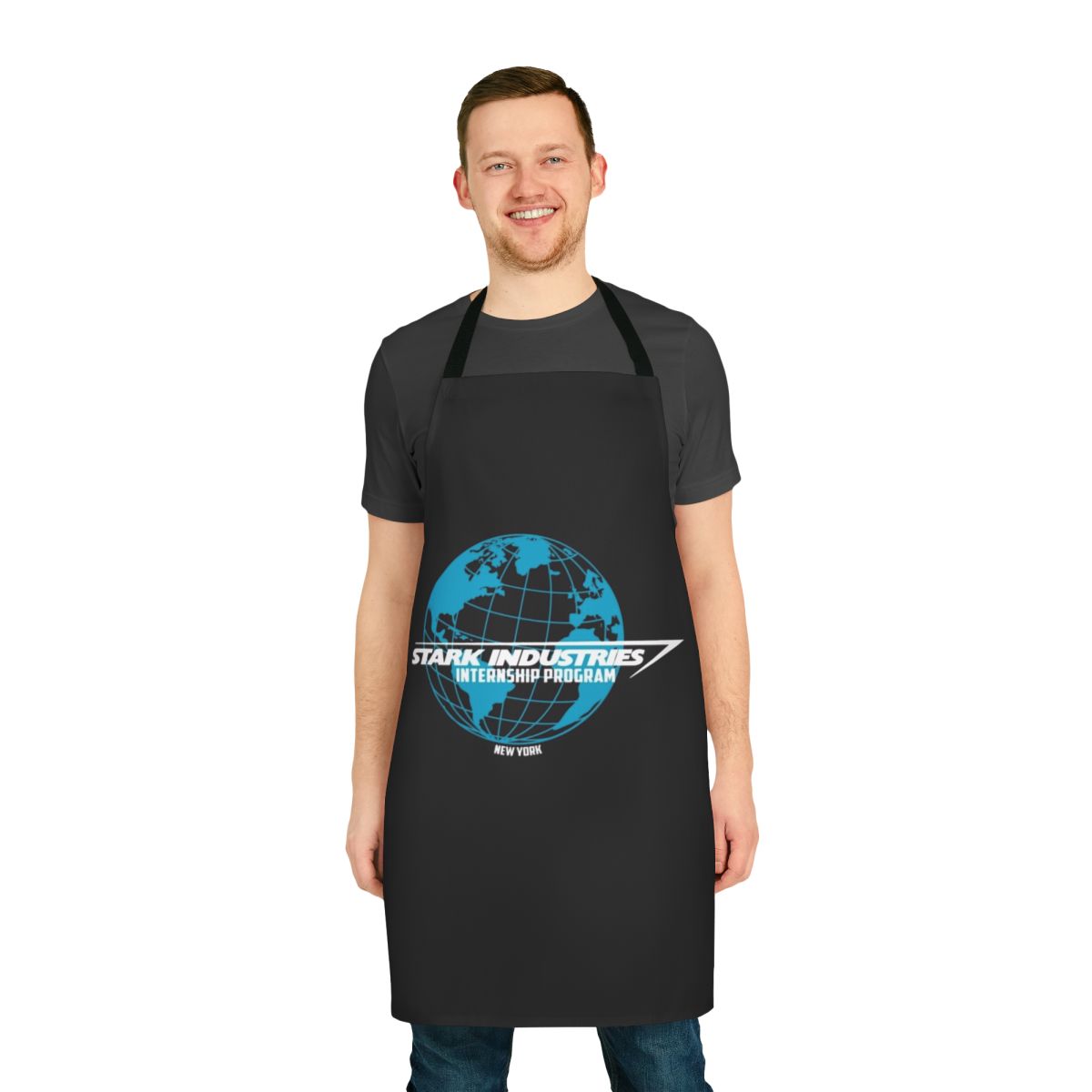 Internship program apron featuring Marvel superheroes like Iron Man, Spider-Man, and Captain America
