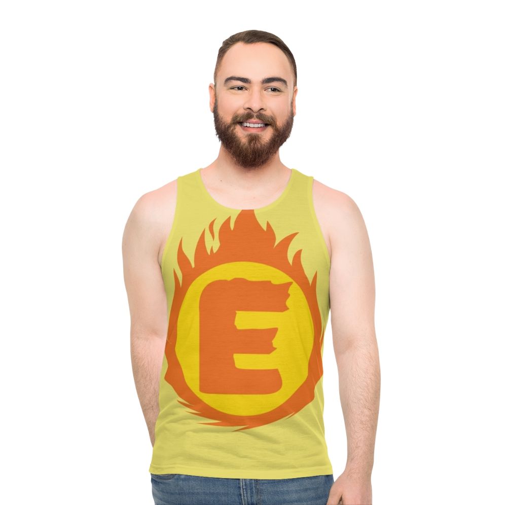 Superhero letter E fire insignia unisex tank top