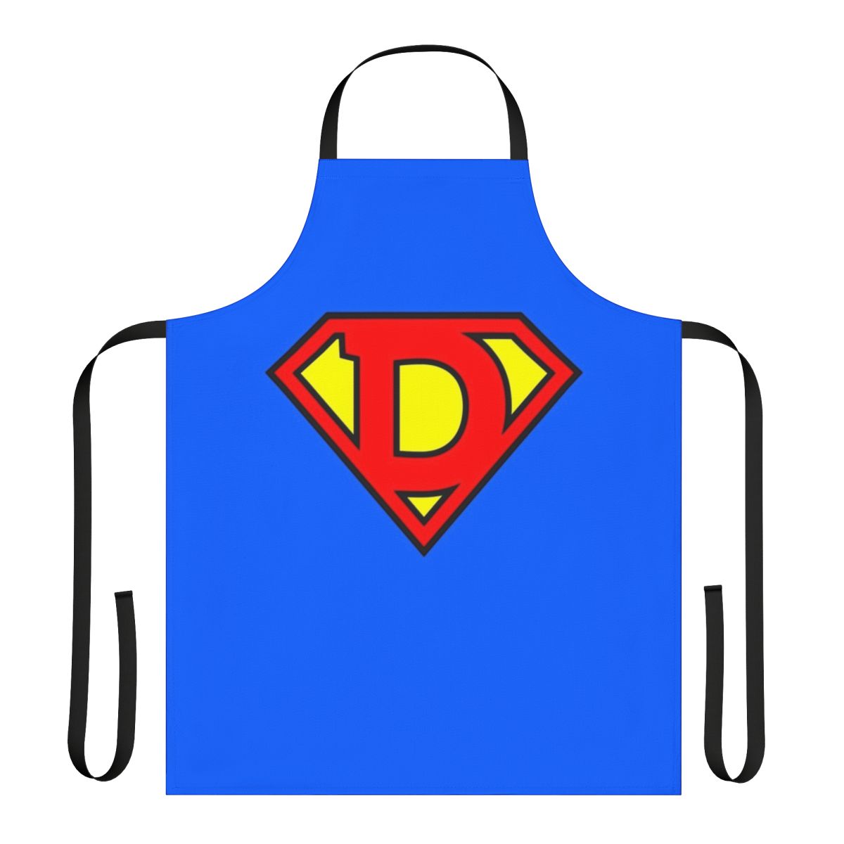 Superhero letter print apron with bold primary colors and a stylized letter design
