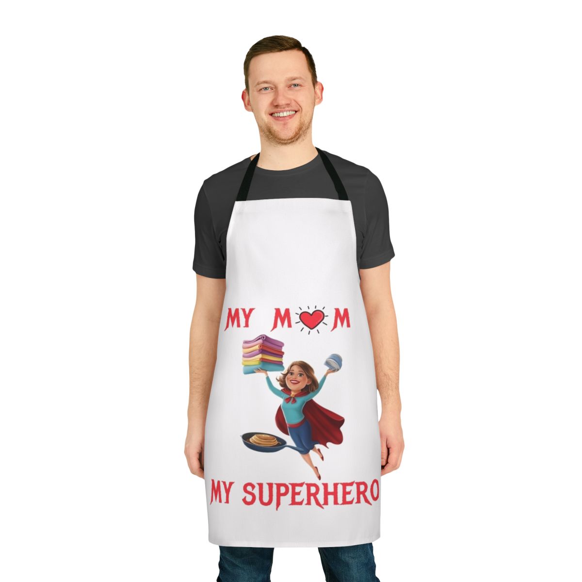 Superhero mom cooking apron with "My Mom My Superhero" text