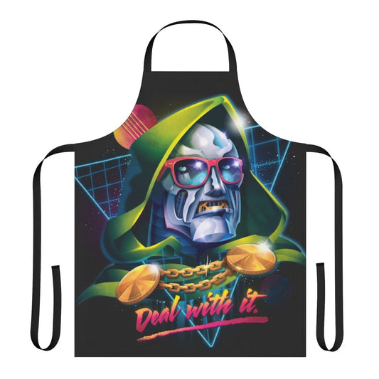 A neon and 80s-inspired "Deal With It" superhero/supervillain parody apron