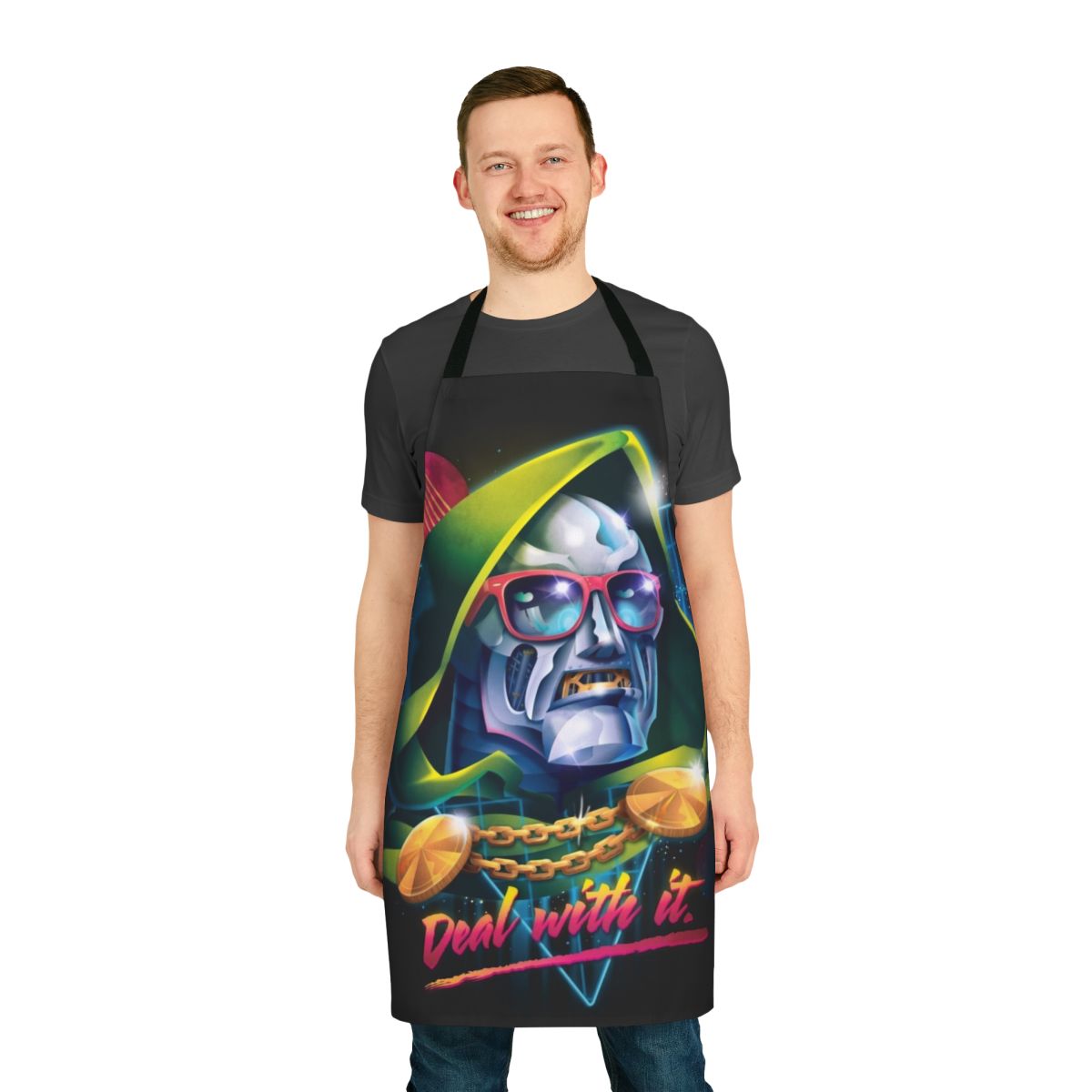 A neon and 80s-inspired "Deal With It" superhero/supervillain parody apron
