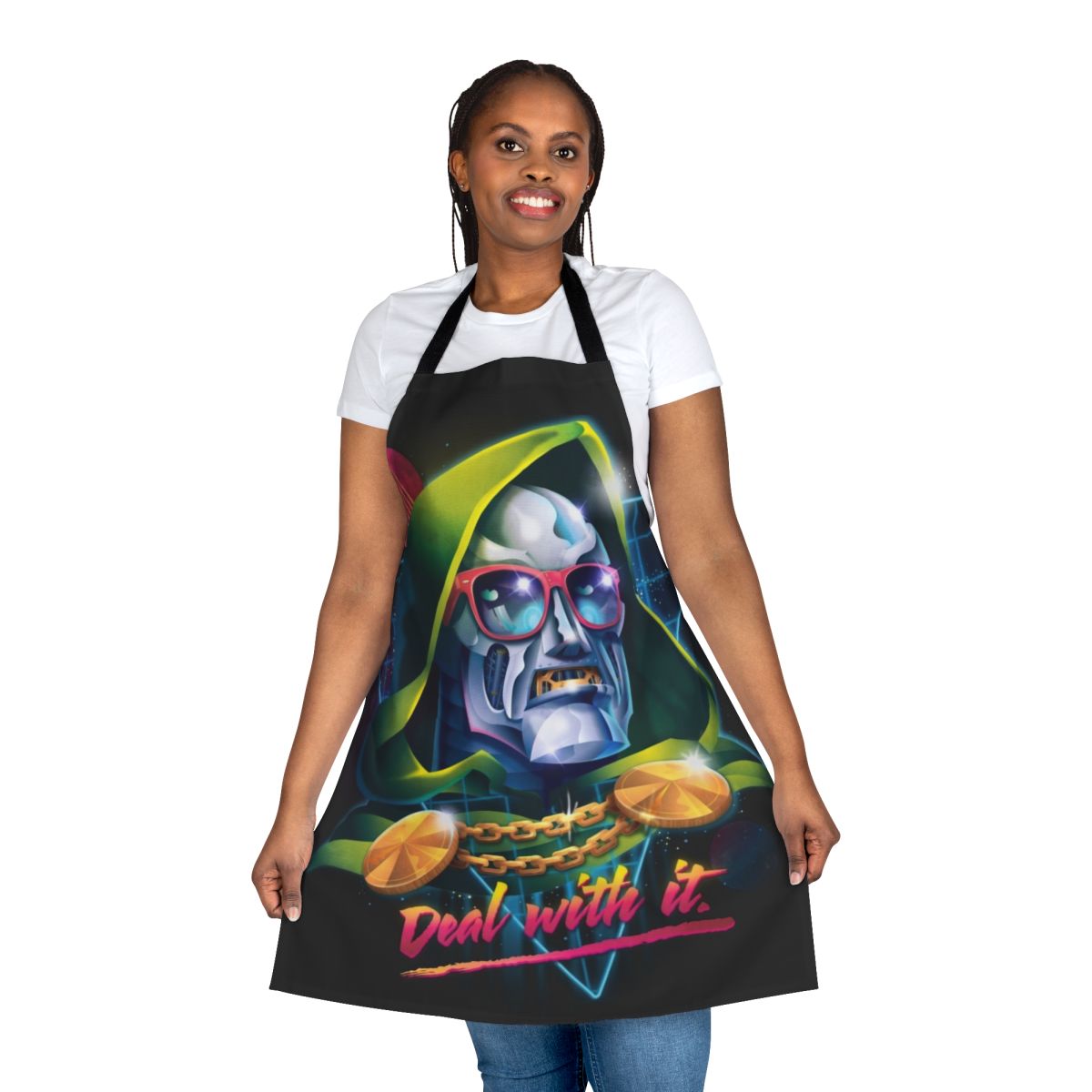 A neon and 80s-inspired "Deal With It" superhero/supervillain parody apron