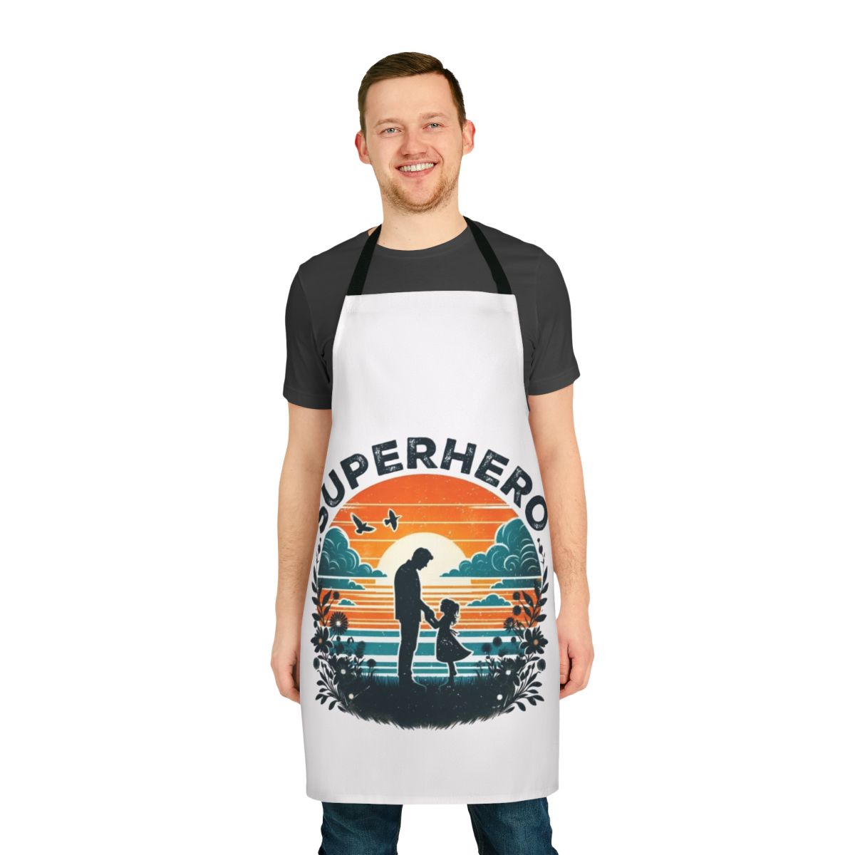 A colorful superhero-themed apron for fathers, featuring a bold design.