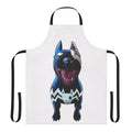 Superhero and supervillain themed white apron with adorable bullterrier graphic