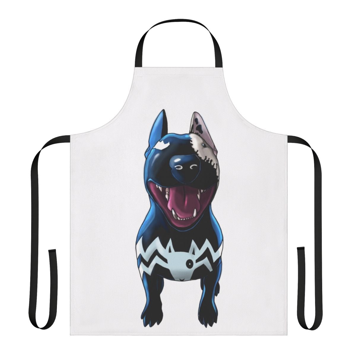 Superhero and supervillain themed white apron with adorable bullterrier graphic