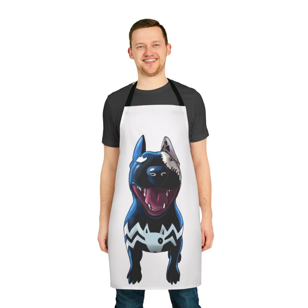 Superhero and supervillain themed white apron with adorable bullterrier graphic