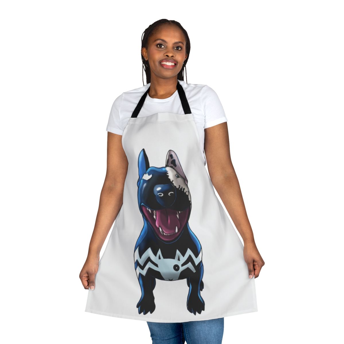 Superhero and supervillain themed white apron with adorable bullterrier graphic