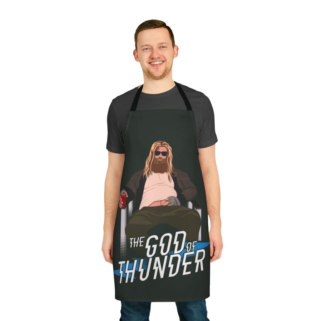 Superhero thunder bolt themed apron with Thor references and branding