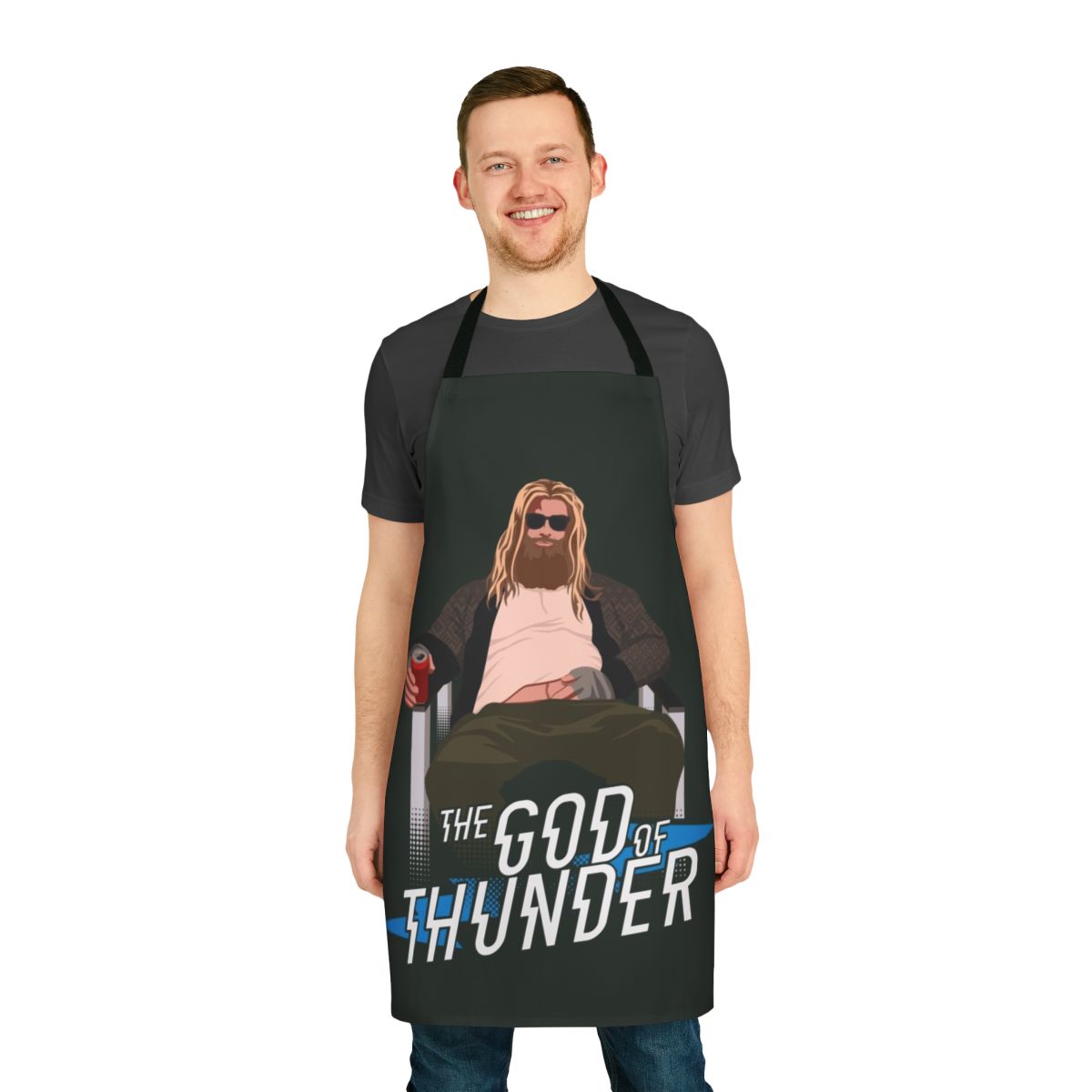 Superhero thunder bolt themed apron with Thor references and branding