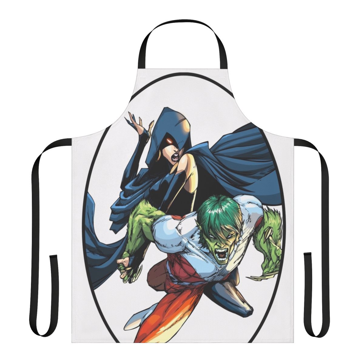 Superhero Titans fan art apron featuring the characters Garfield Logan and Rachel Roth in a comic book-inspired design.