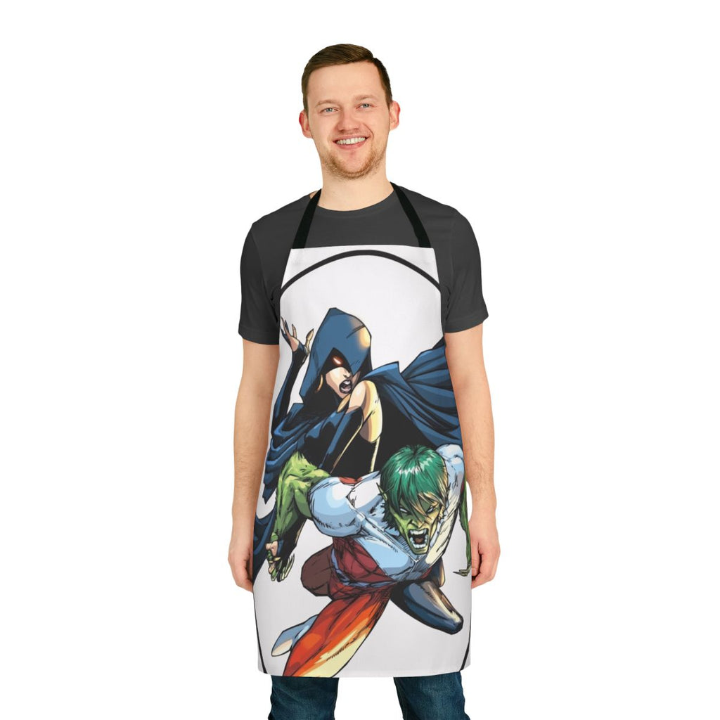 Superhero Titans fan art apron featuring the characters Garfield Logan and Rachel Roth in a comic book-inspired design.