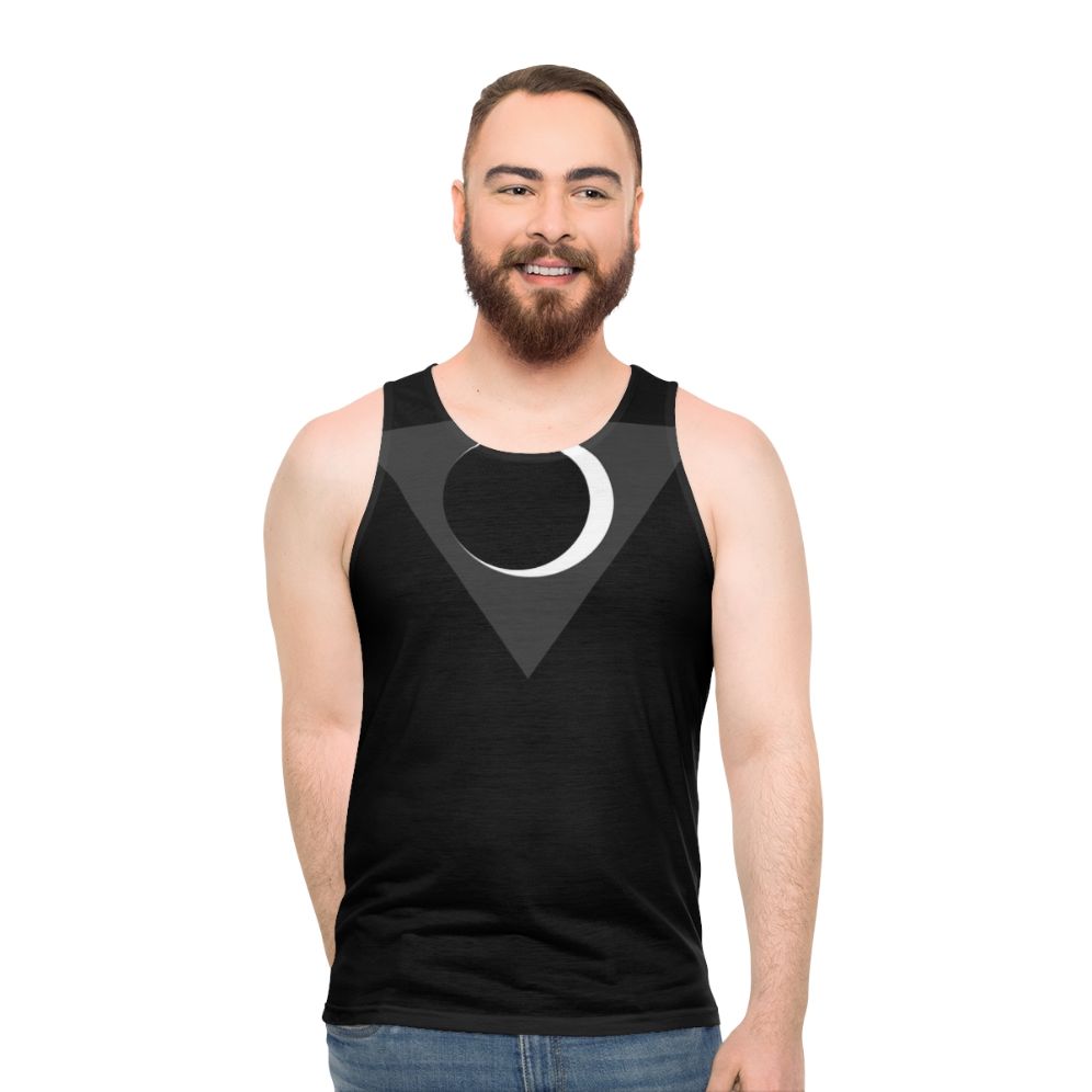 Unisex tank top with comic book inspired city skyline and moon eclipse design