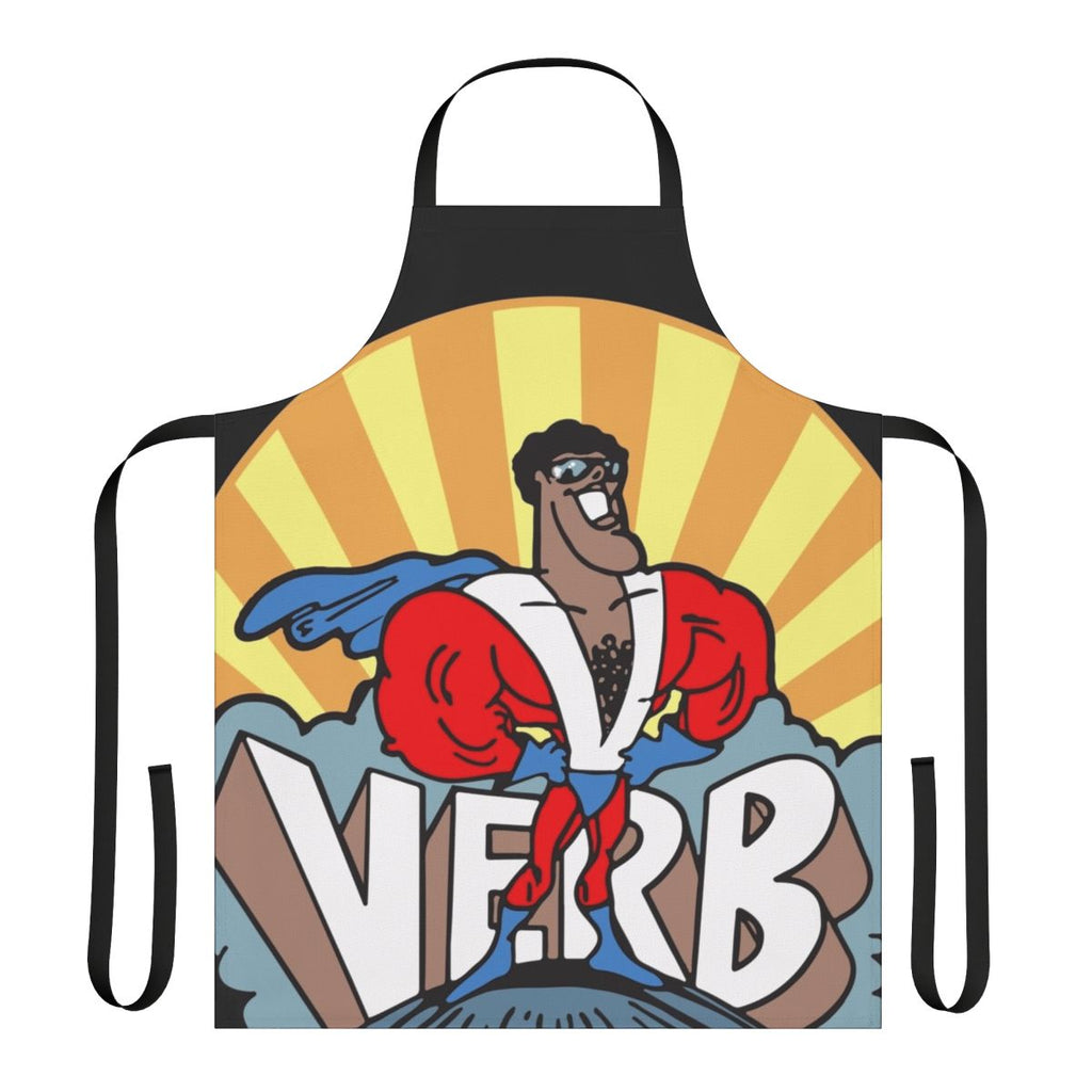 Superhero-themed apron with verbs for educational and classroom use