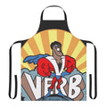 Superhero-themed apron with verbs for educational and classroom use