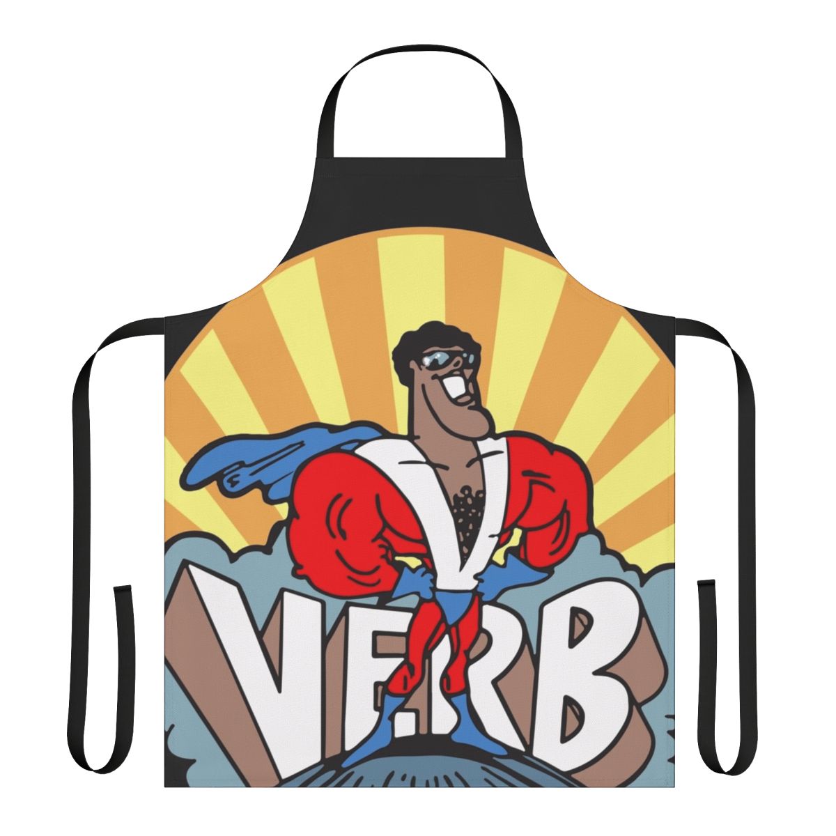Superhero-themed apron with verbs for educational and classroom use