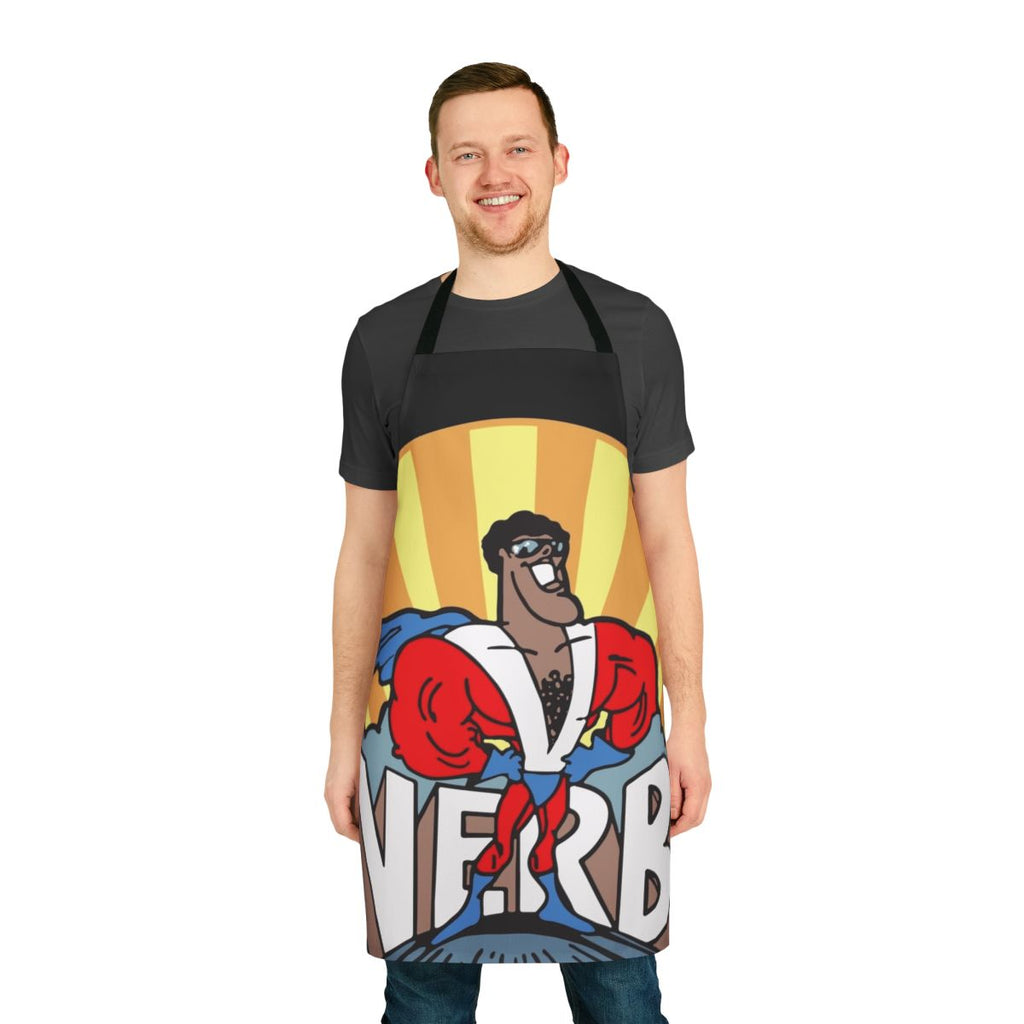 Superhero-themed apron with verbs for educational and classroom use