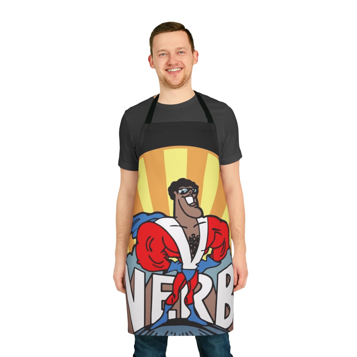Superhero-themed apron with verbs for educational and classroom use