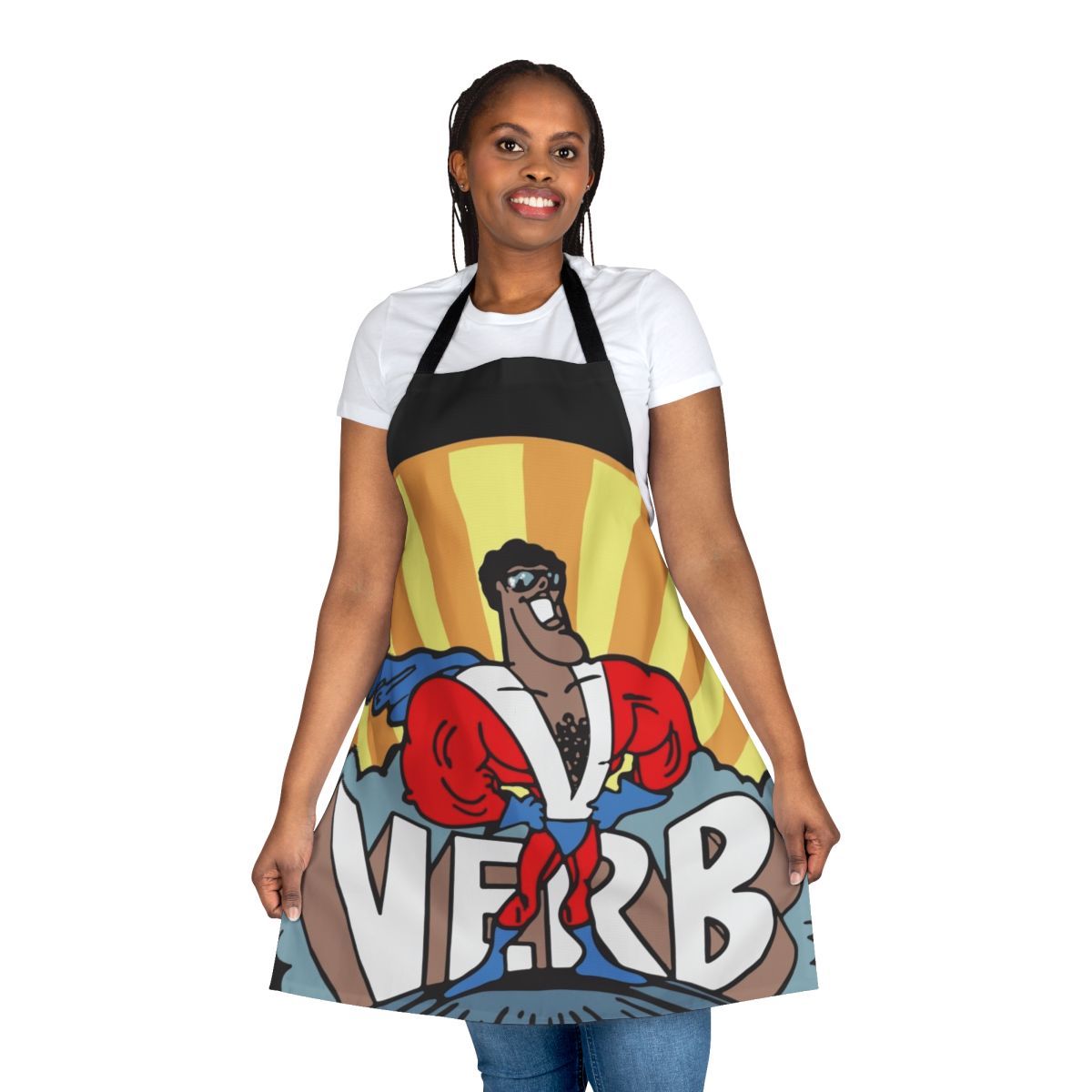 Superhero-themed apron with verbs for educational and classroom use