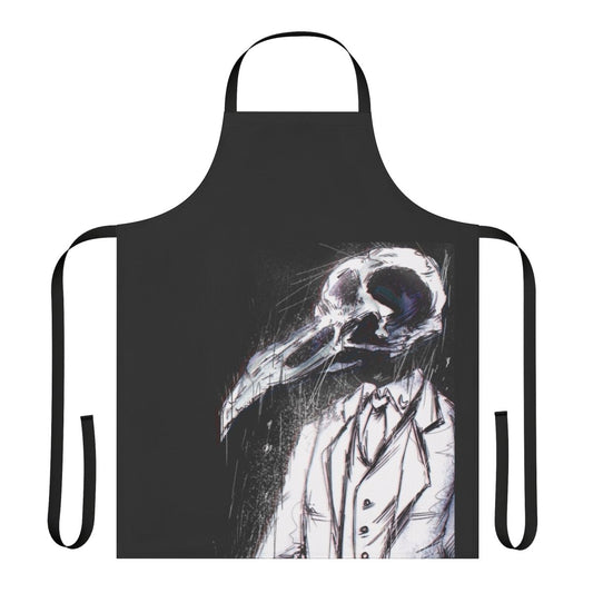 A stylized apron featuring an animal skull and bird skull design, inspired by the Egyptian god Khonshu from the Marvel series Moon Knight.