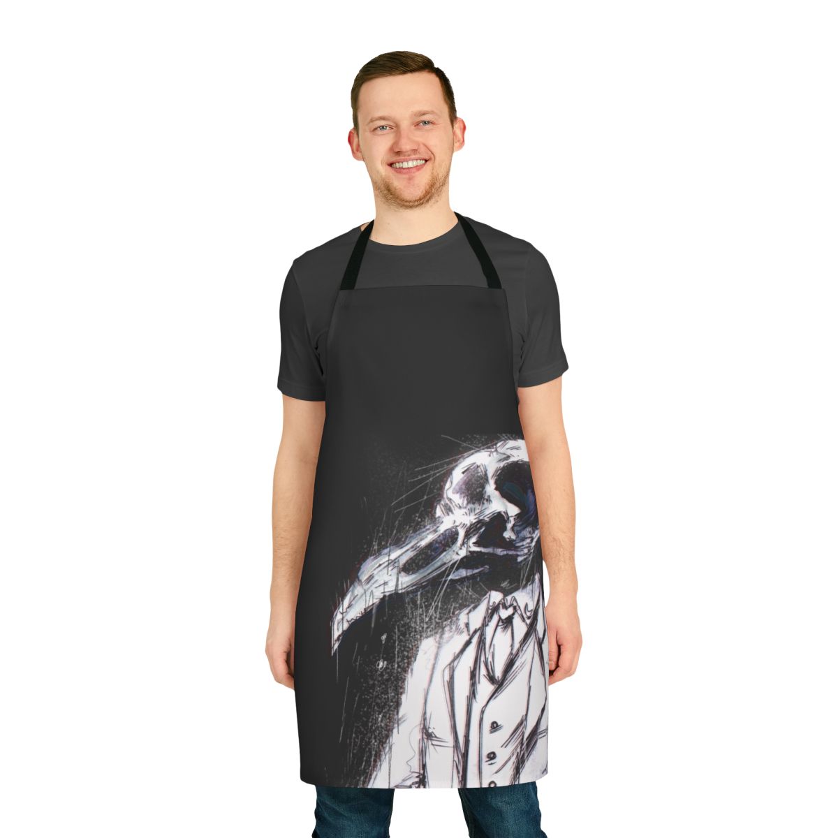 A stylized apron featuring an animal skull and bird skull design, inspired by the Egyptian god Khonshu from the Marvel series Moon Knight.