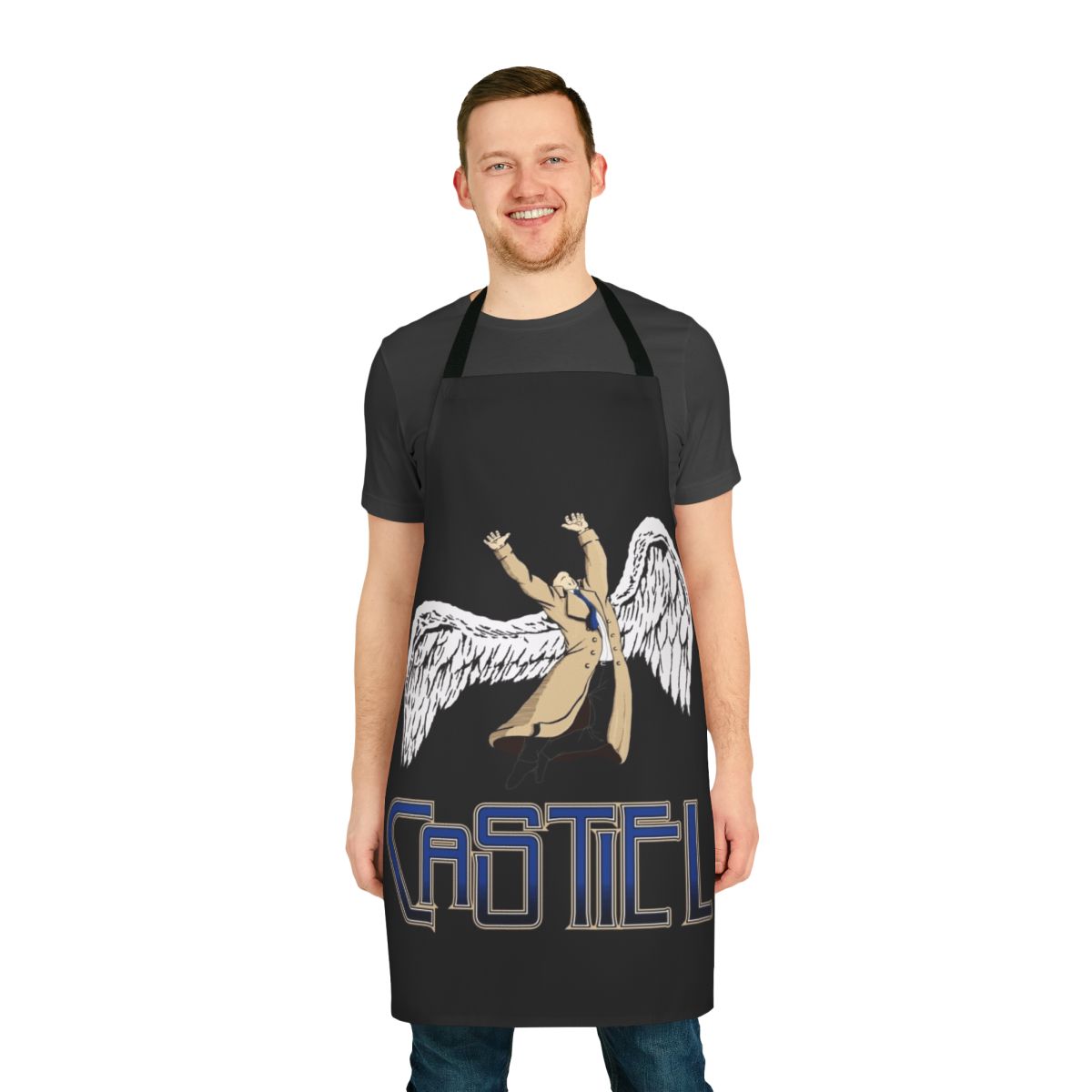 Supernatural themed apron featuring the character Castiel