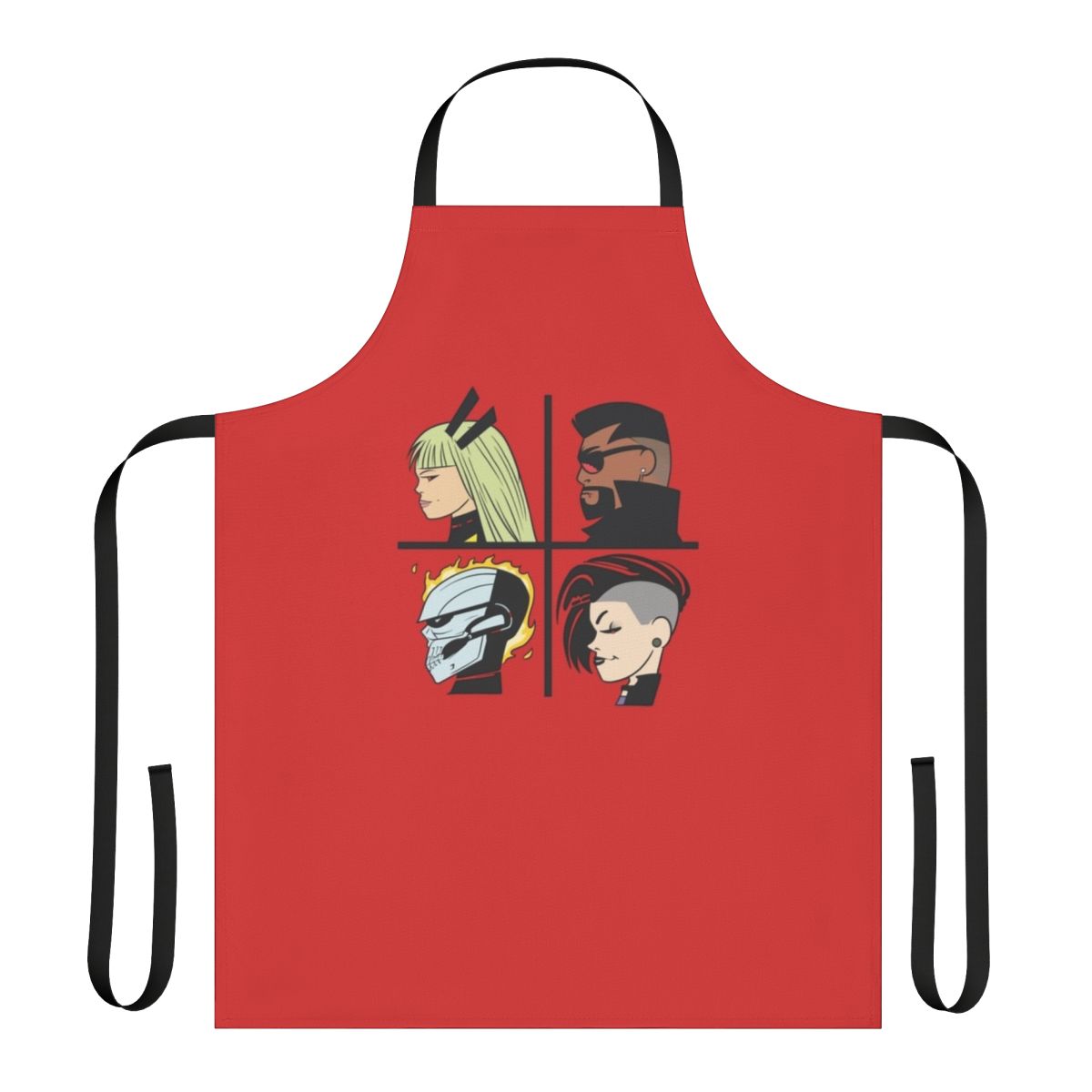 Stylized apron featuring supernatural hero imagery in an Avengers and Gorillaz-inspired design