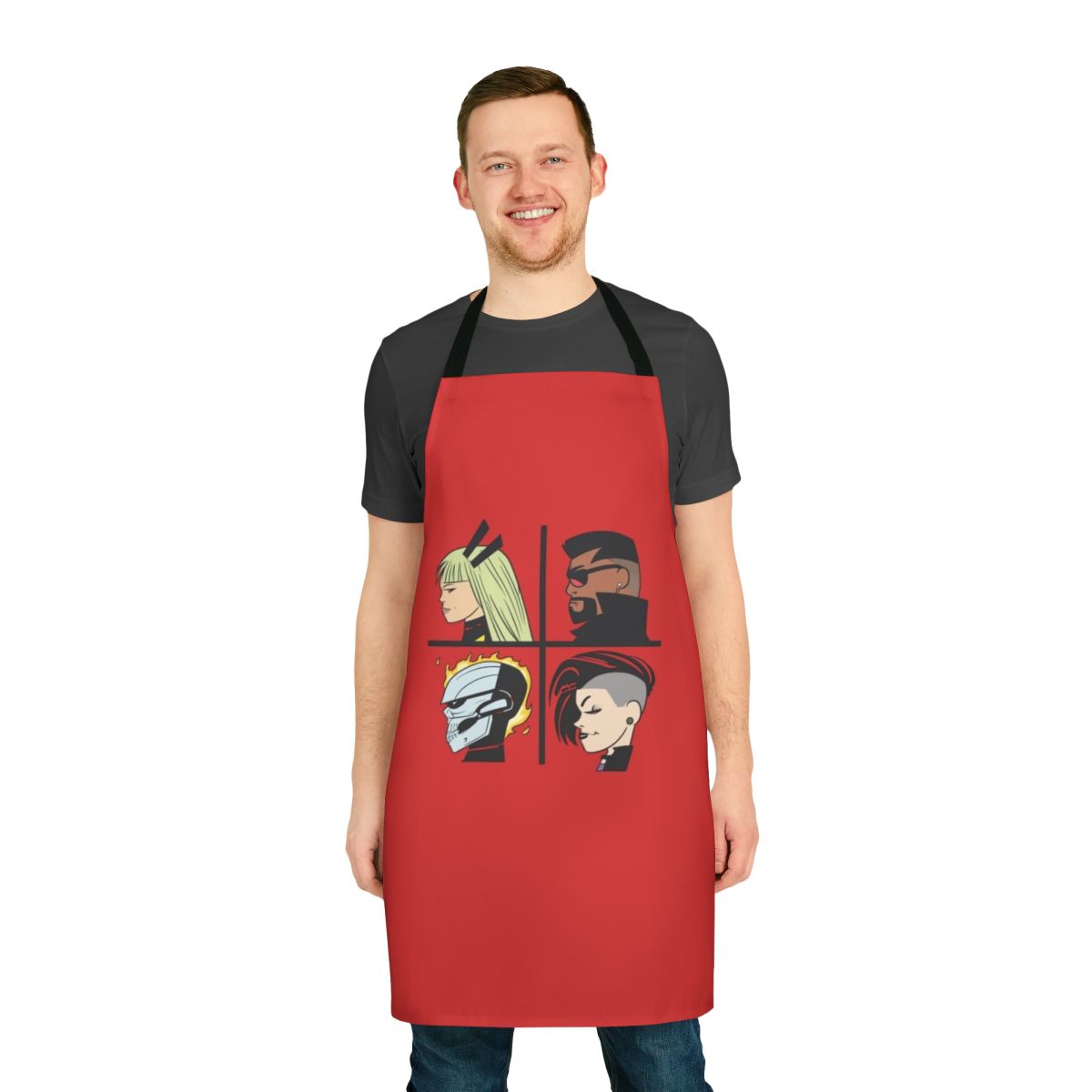 Stylized apron featuring supernatural hero imagery in an Avengers and Gorillaz-inspired design