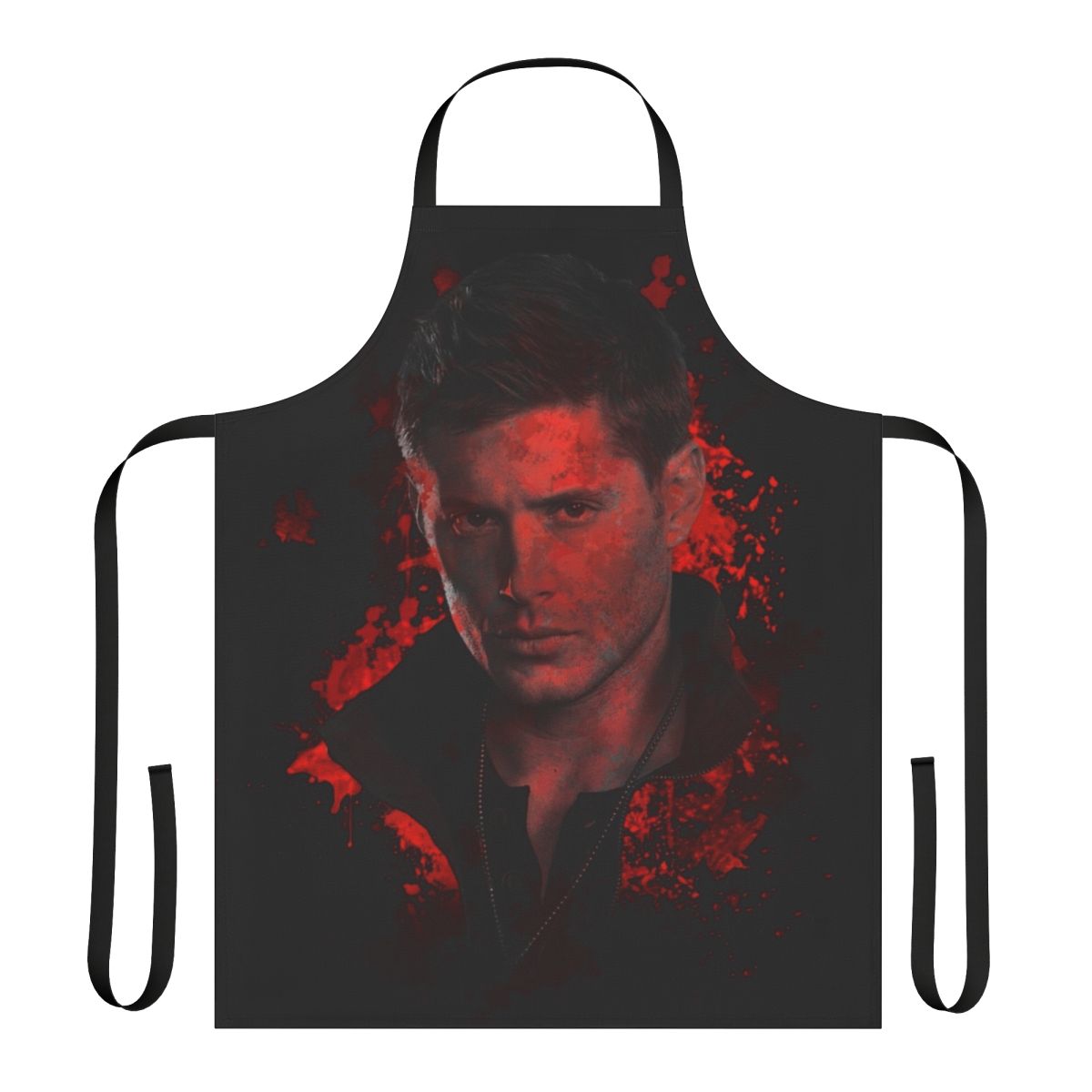 Supernatural-inspired splatter pattern apron with Dean Winchester imagery