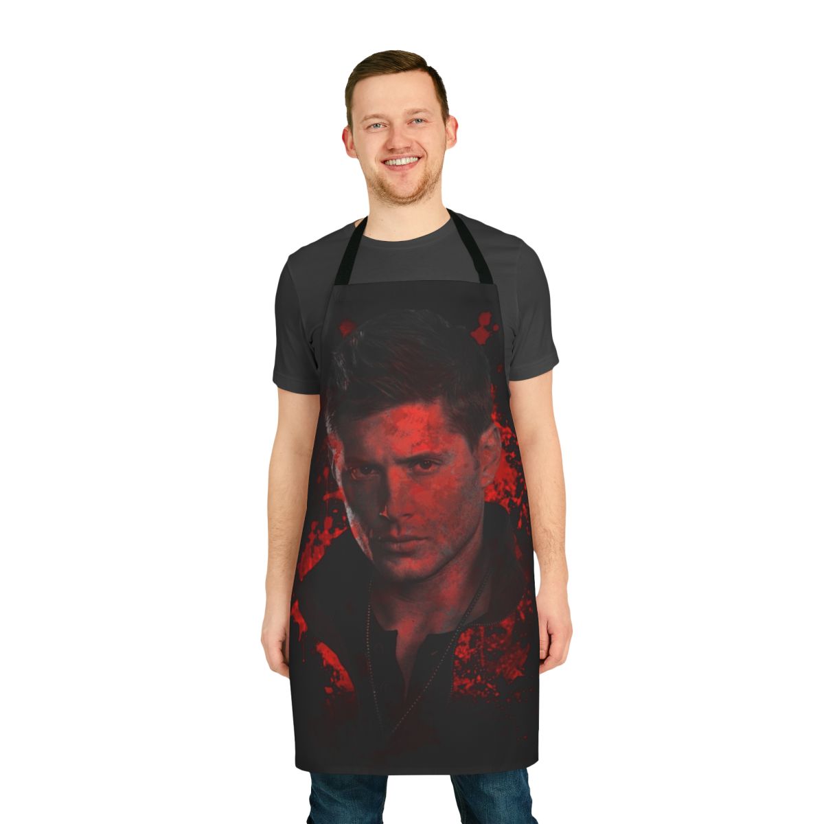 Supernatural-inspired splatter pattern apron with Dean Winchester imagery