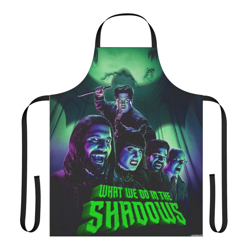 A black apron featuring the characters from the TV show "What We Do in the Shadows"