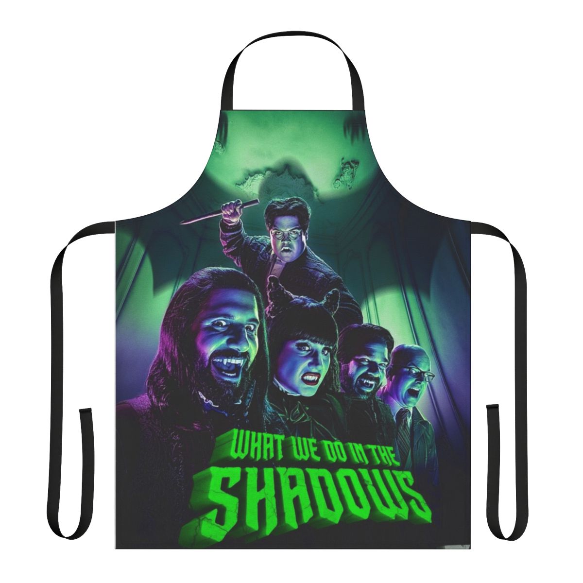 A black apron featuring the characters from the TV show "What We Do in the Shadows"