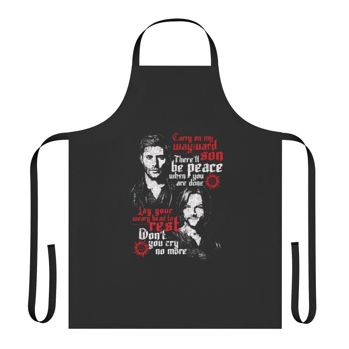 Supernatural-themed apron featuring the Winchester brothers and other iconic characters from the TV show