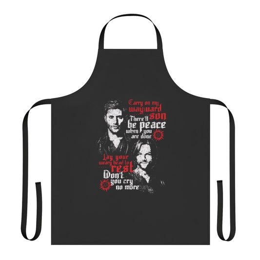 Supernatural-themed apron featuring the Winchester brothers and other iconic characters from the TV show
