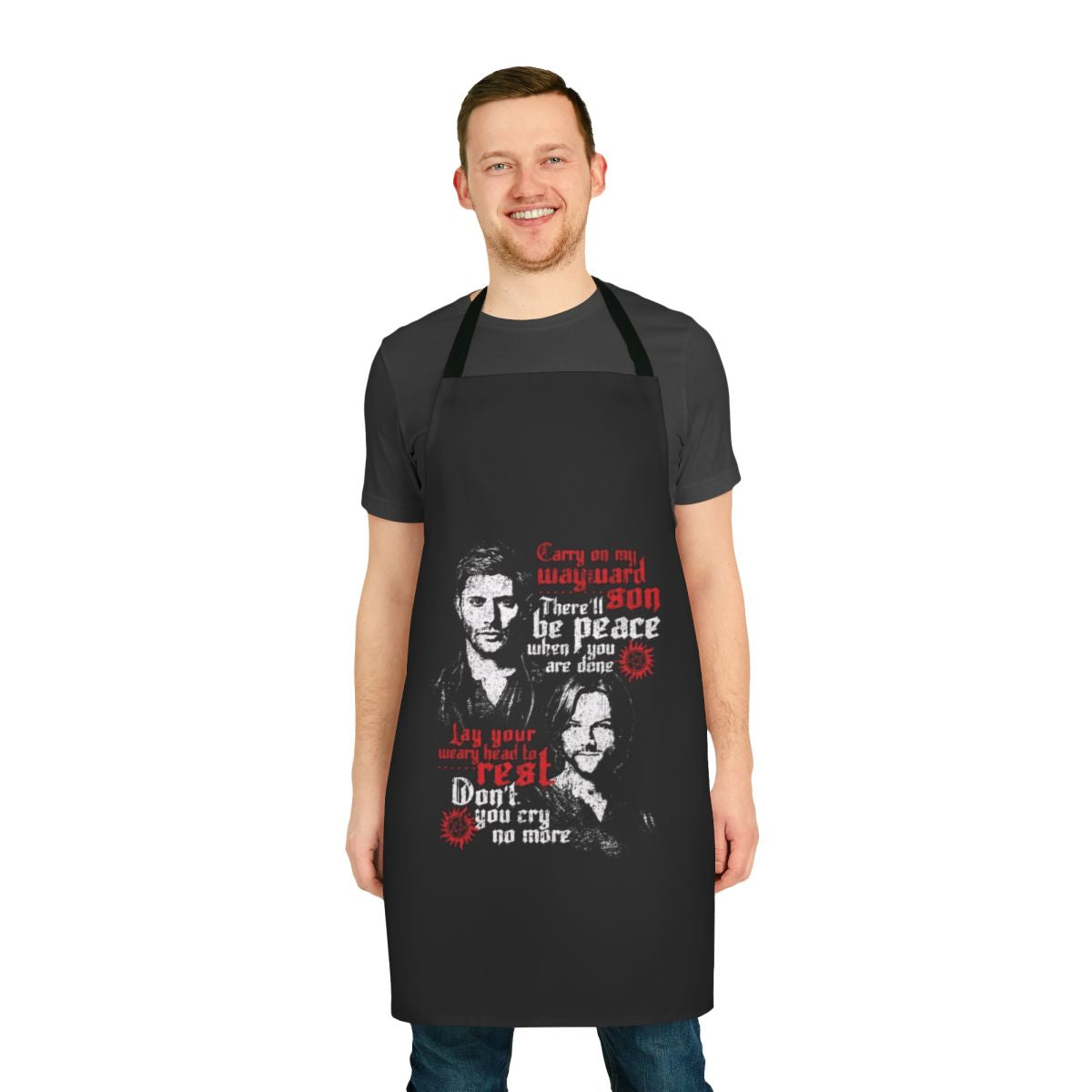 Supernatural-themed apron featuring the Winchester brothers and other iconic characters from the TV show