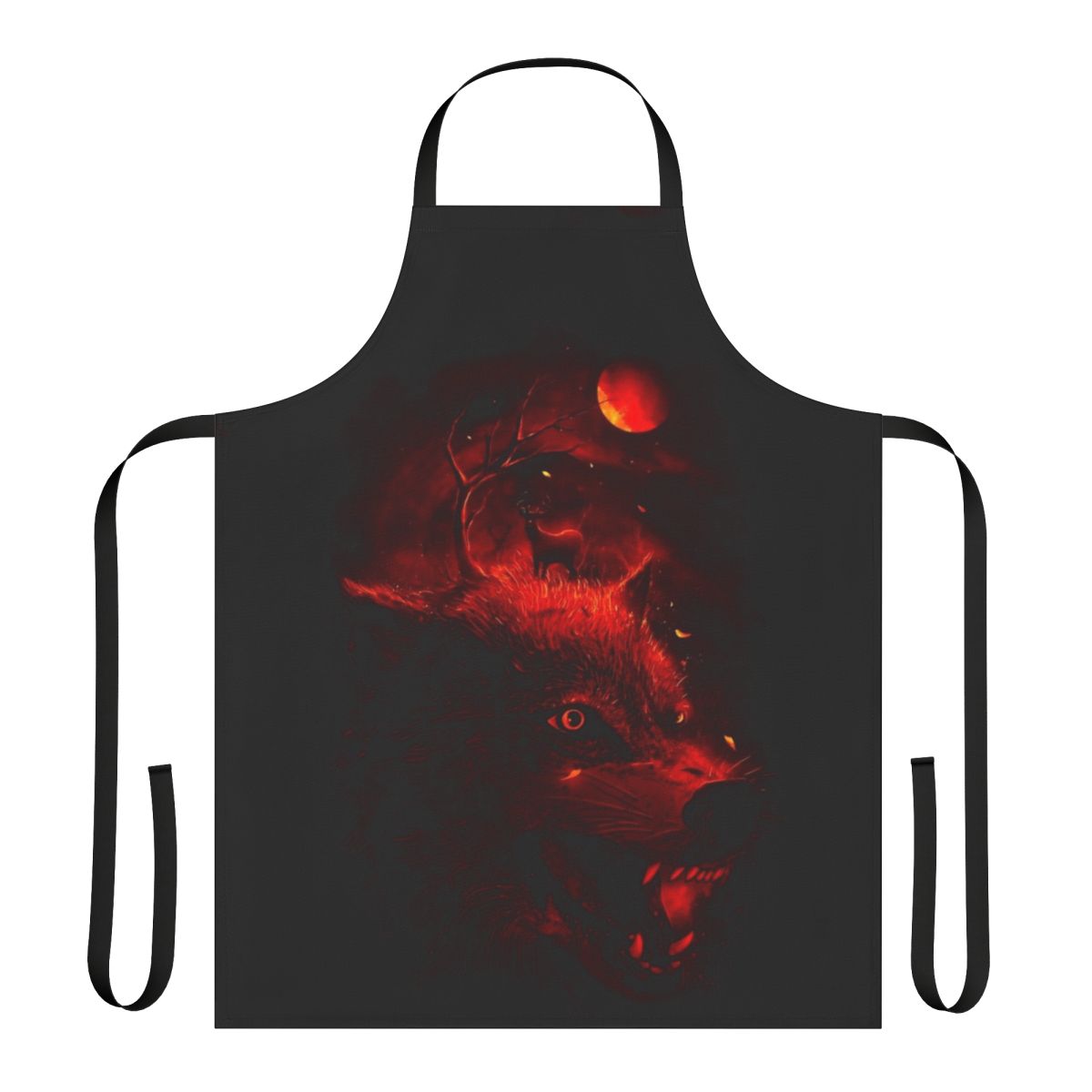 A dark, gothic-style apron featuring a silhouetted wolf or stag against a night sky filled with stars and a glowing moon.