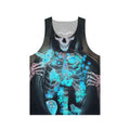 Unisex tank top with a dark, spiritual design featuring a reaper, skeleton, birds, flowers, and an owl