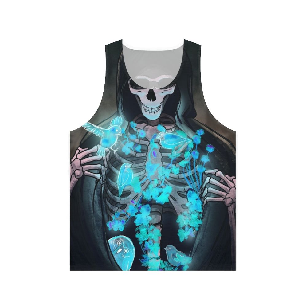 Unisex tank top with a dark, spiritual design featuring a reaper, skeleton, birds, flowers, and an owl