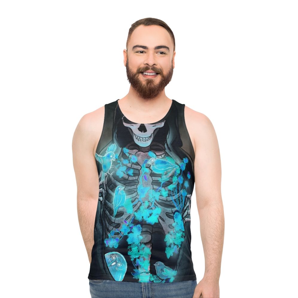Unisex tank top with a dark, spiritual design featuring a reaper, skeleton, birds, flowers, and an owl