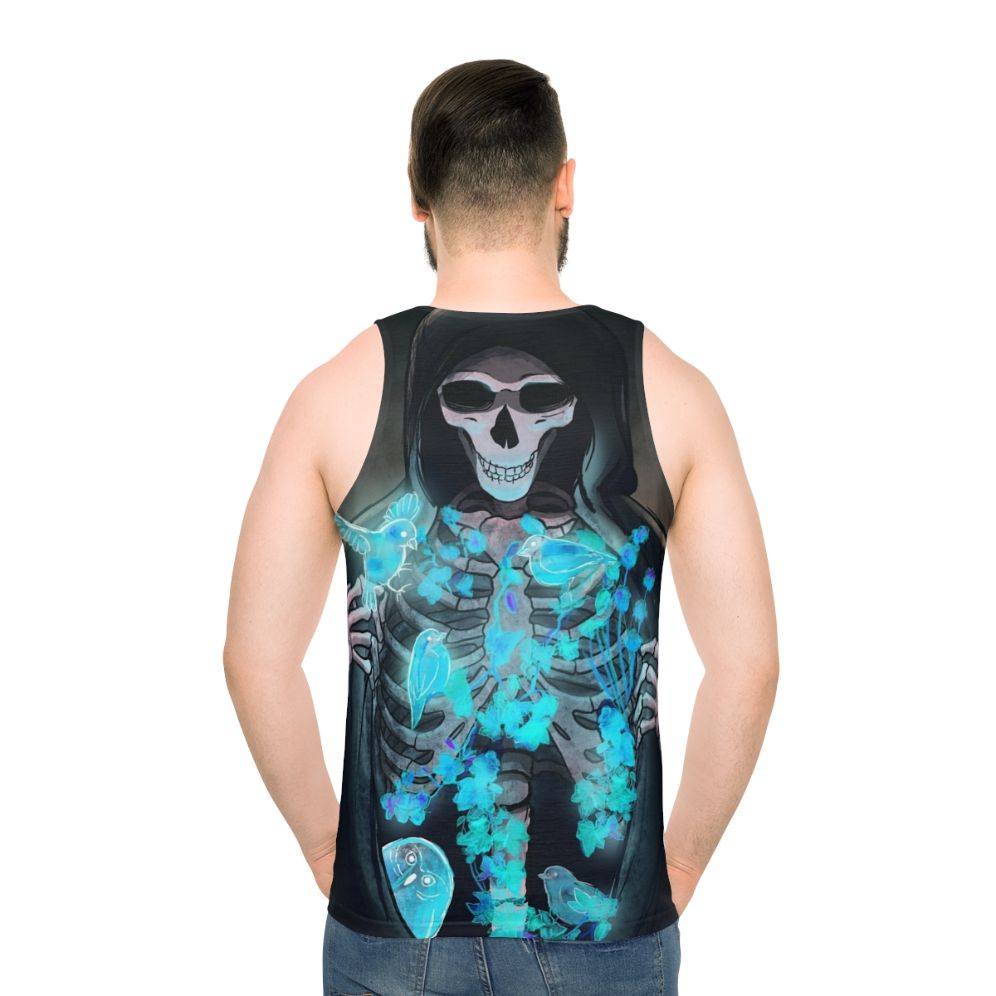 Unisex tank top with a dark, spiritual design featuring a reaper, skeleton, birds, flowers, and an owl