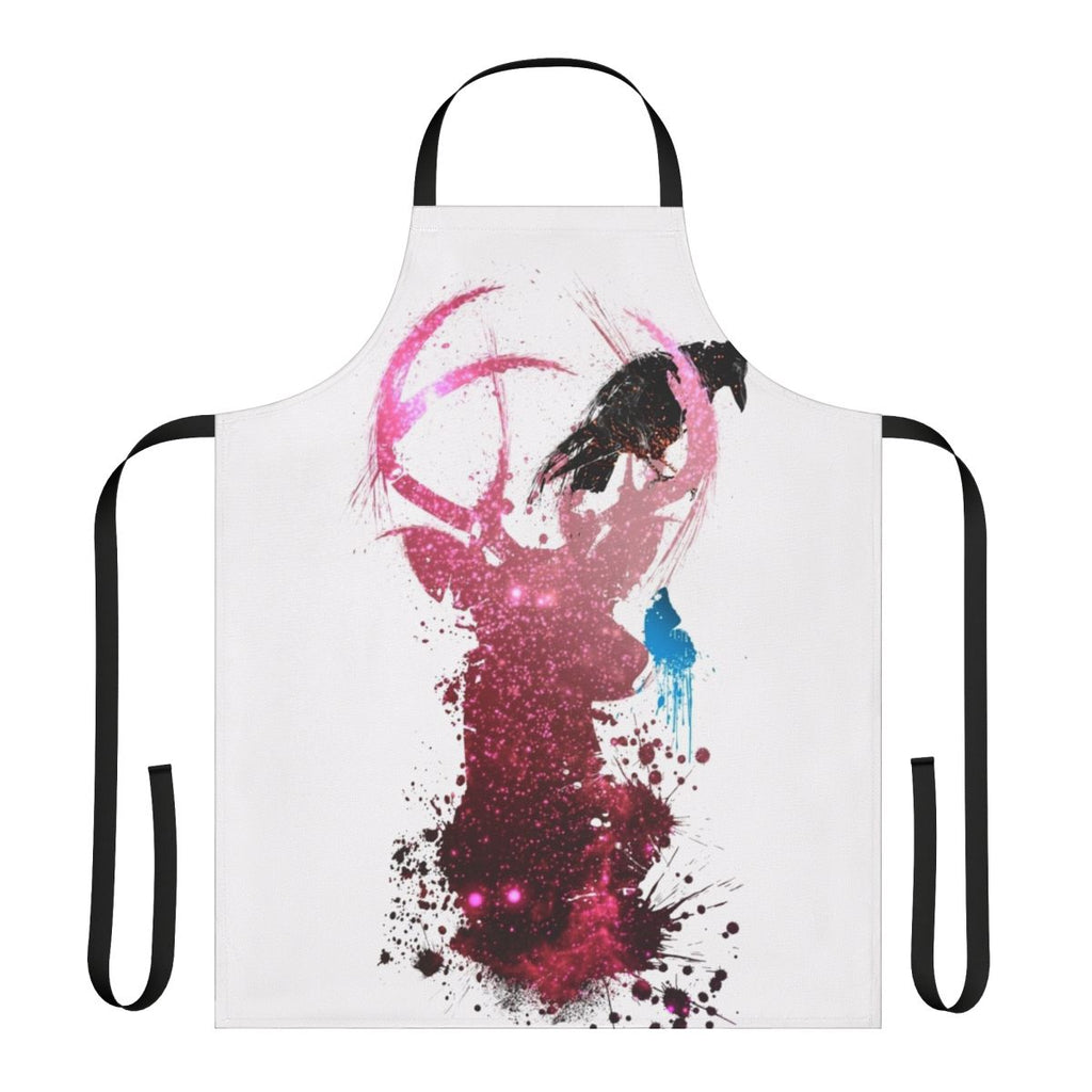 Apron with abstract spirit animal design in blue, pink, and black